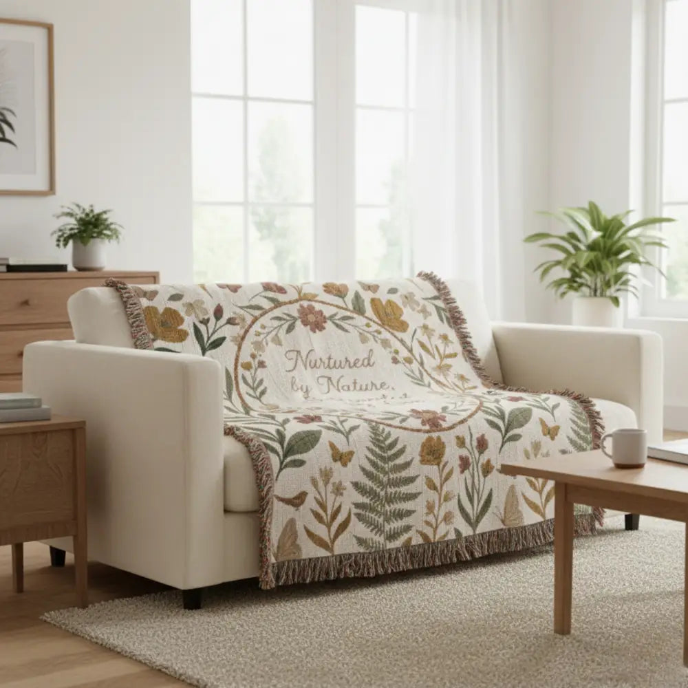 Botanical wreath woven floral throw gift on beige sofa