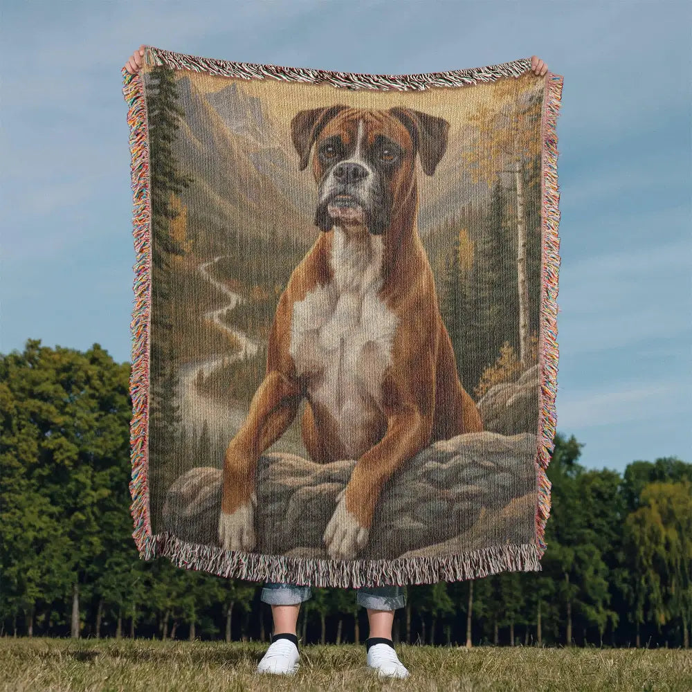 Heirloom woven cotton blanket with boxer dog portrait for pet lovers gifts