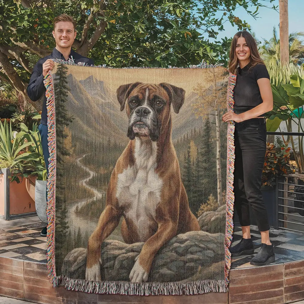 Heirloom woven cotton blanket with brown boxer dog in mountains