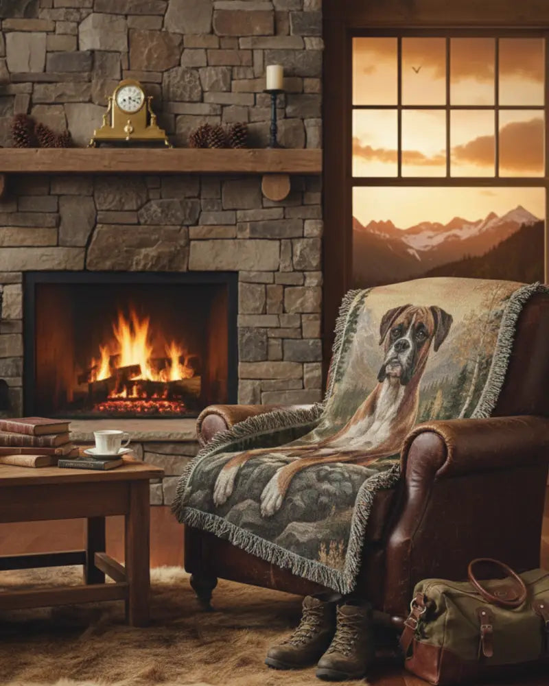 Cozy brown armchair with heirloom woven cotton blanket featuring boxer dog portrait