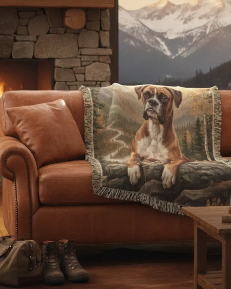 Heirloom woven cotton blanket with brown and white boxer dog portrait