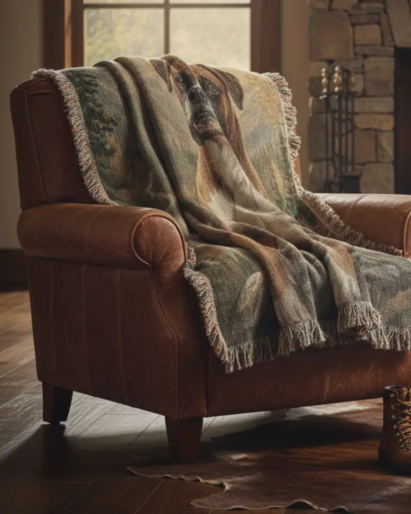 Cozy heirloom woven cotton blanket with boxer dog portrait, pet lovers gifts