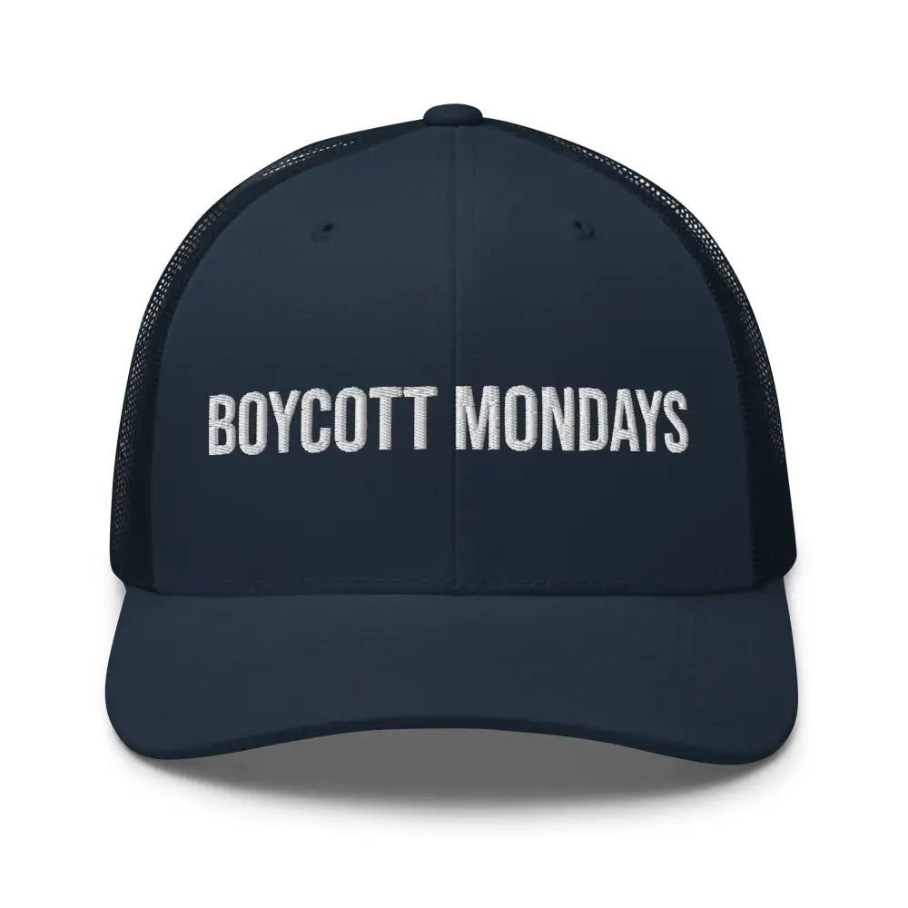 Boycott Mondays embroidered Trini Skies trucker cap in dark blue