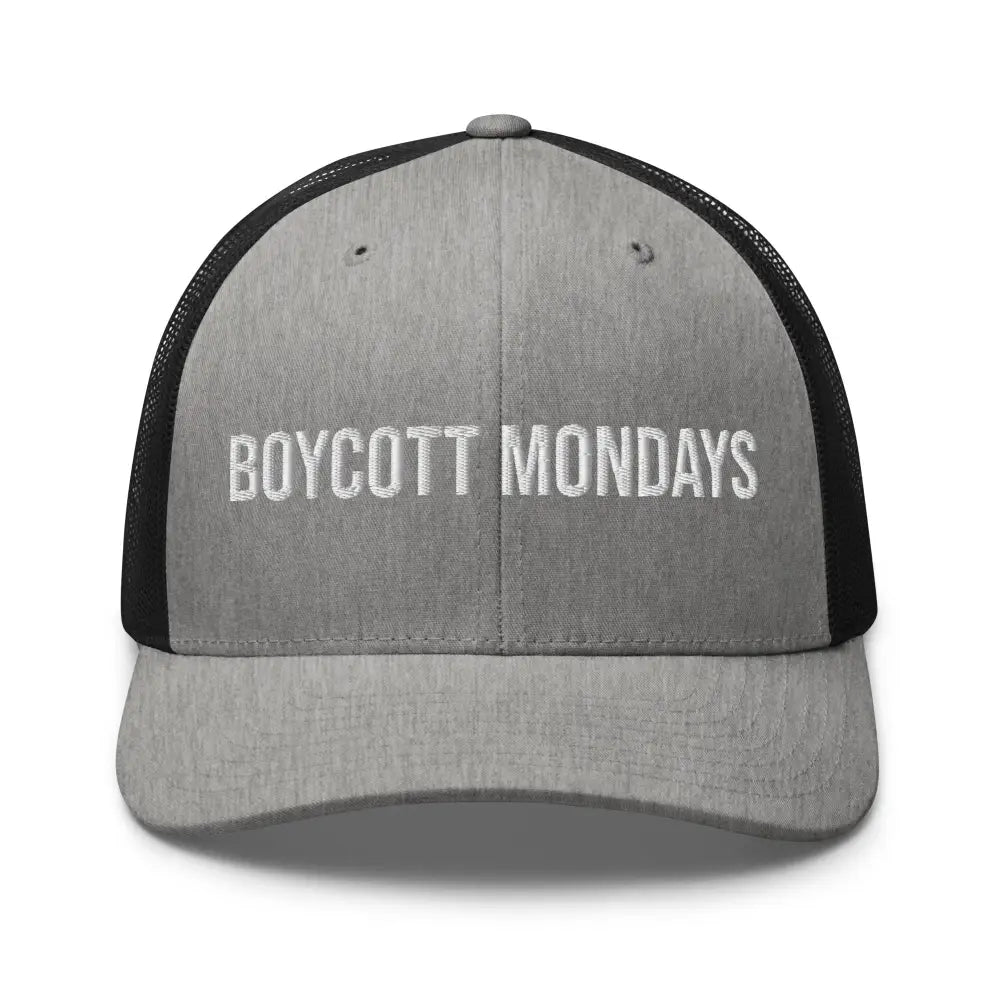 Boycott Mondays embroidered Trini Skies gray black trucker hat