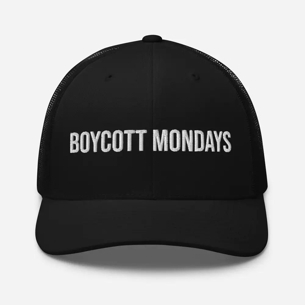 Boycott Mondays embroidered black trucker hat by Trini Skies, embroidered corduroy cap