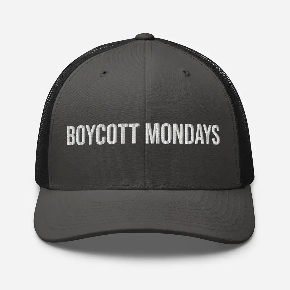 Black and gray Boycott Mondays embroidered Trini Skies trucker cap with white text