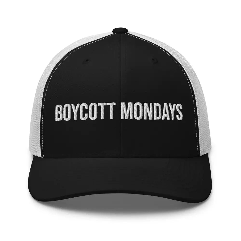 Boycott Mondays Embroidered Trini Skies Trucker Cap in black and white