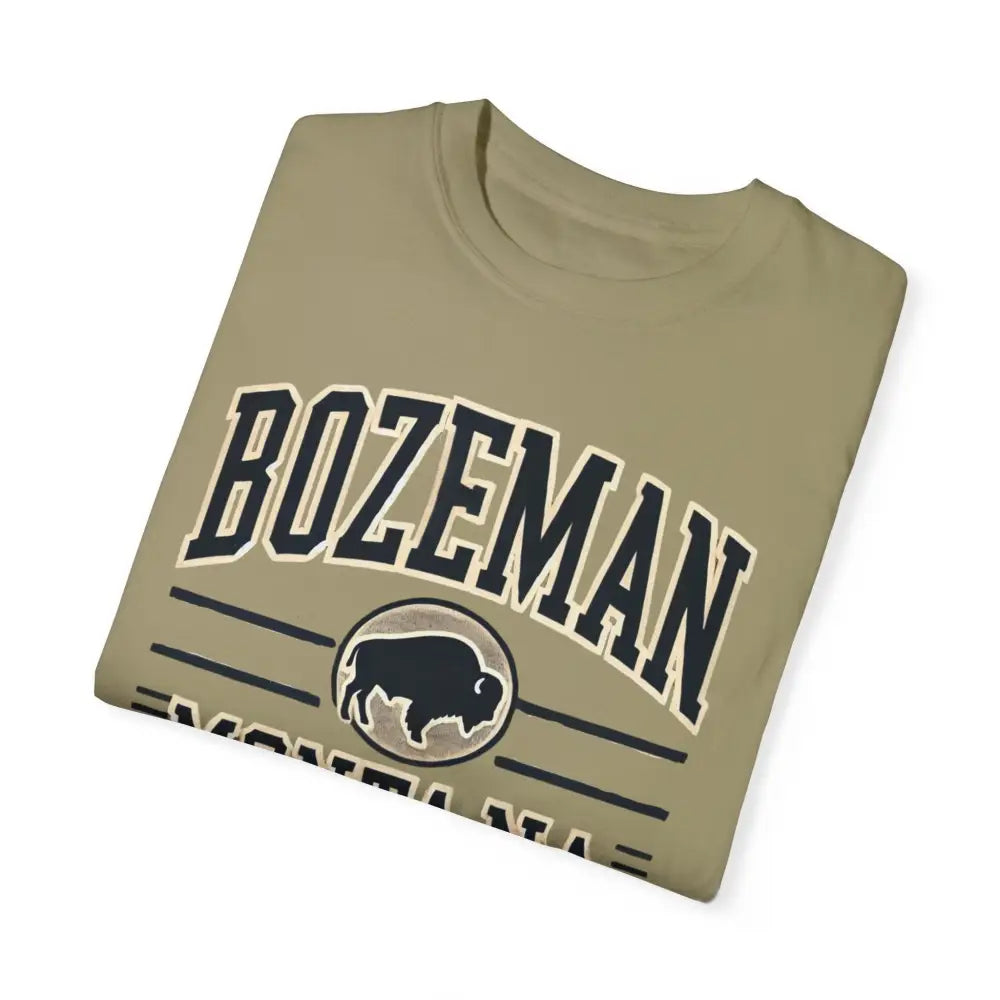 Folded khaki Bozeman Montana graphic tee with bison design