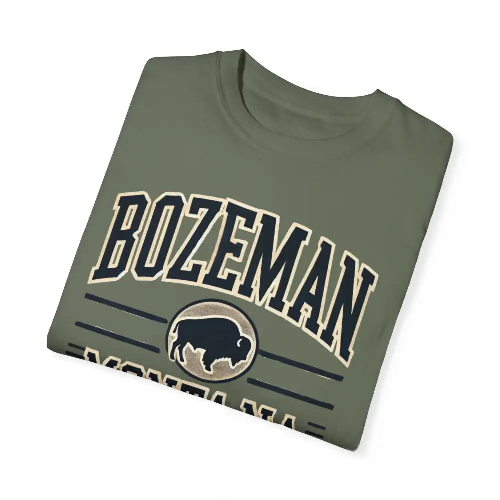 Folded olive green Bozeman Montana Bison adventure inspired graphic tee with buffalo design
