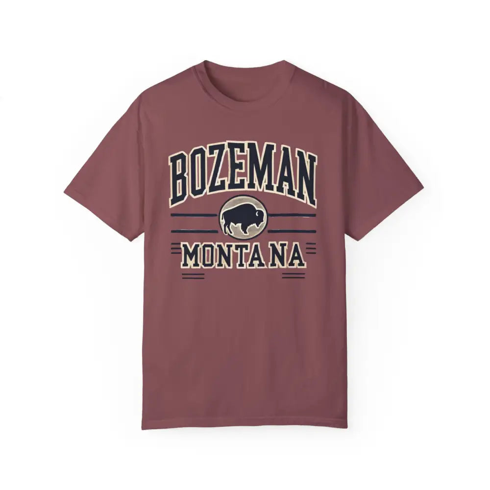 Maroon Bozeman Montana graphic adventure inspired tee with bison design and Trini Skies branding