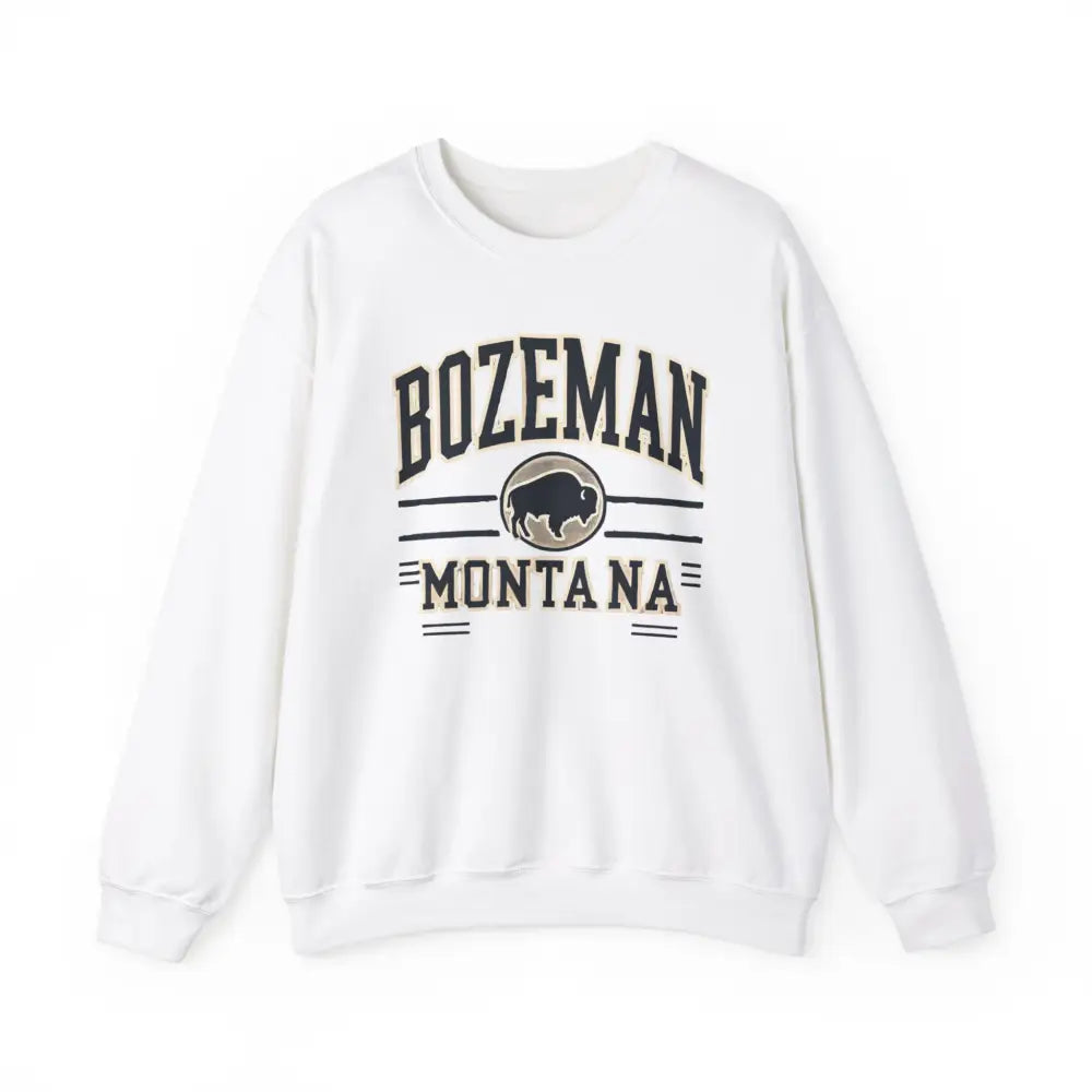 Bozeman Montana graphic on white long-sleeved sweatshirt