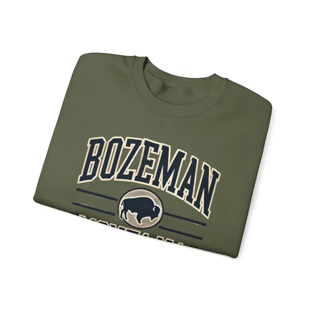 Bozeman Montana buffalo graphic on olive green short-sleeved t-shirt