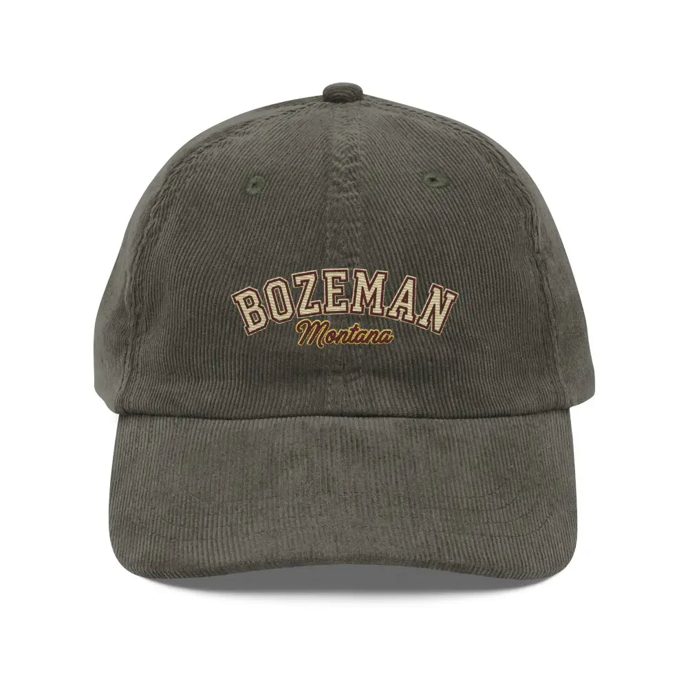 Bozeman Montana corduroy hat, retro embroidered dad cap in olive green