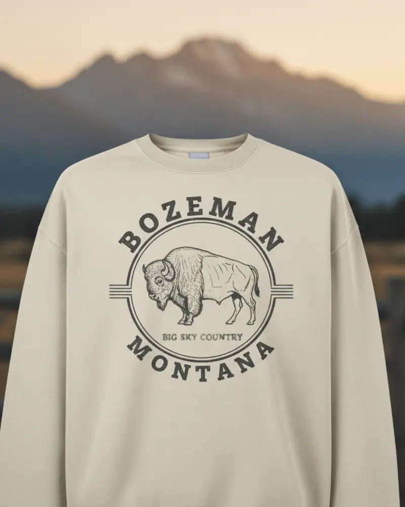 Cream Bozeman Montana bison graphic sweatshirt in Big Sky Country