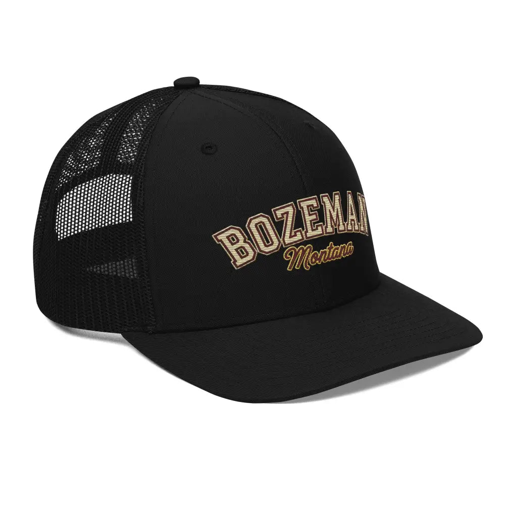 Black mesh-back trucker hat with embroidered Bozeman Montana Richardson logo