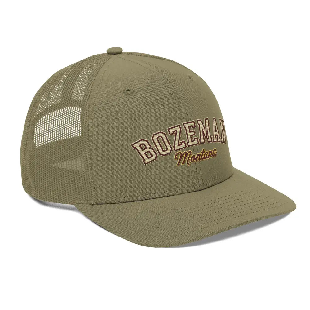 Bozeman Montana Richardson retro embroidered trucker hat in olive green mesh
