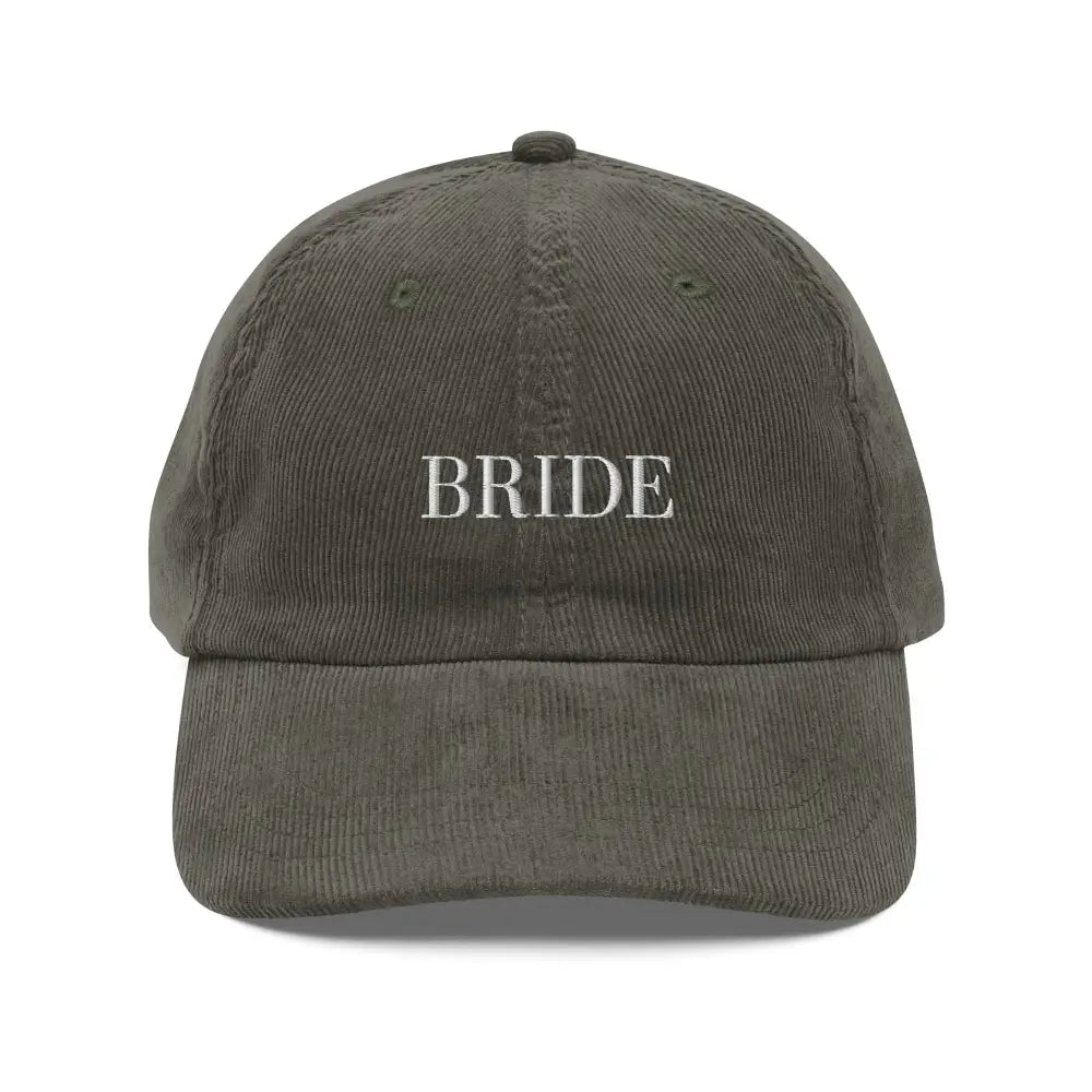 Olive green embroidered corduroy bridal shower cap with Bride in white