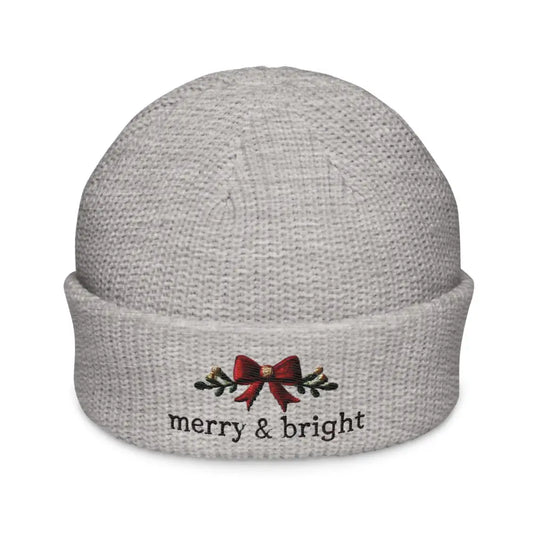 Light gray embroidered corduroy cap with bright Christmas bow and Merry & Bright text