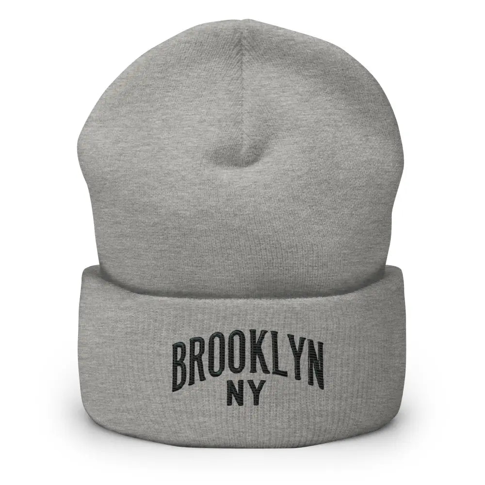 Trini Skies gray knit beanie with Brooklyn NY embroidery in urban street style