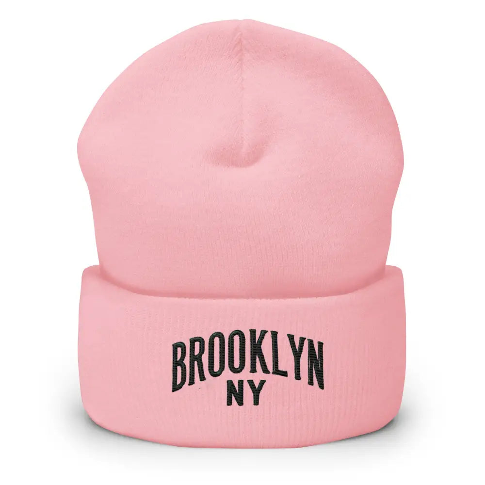Pink Trini Skies embroidered beanie in urban street style with Brooklyn NY