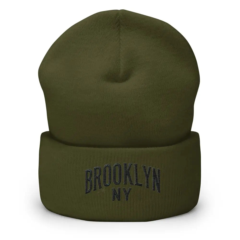 Trini Skies olive green embroidered beanie in urban street style with Brooklyn NY on cuff