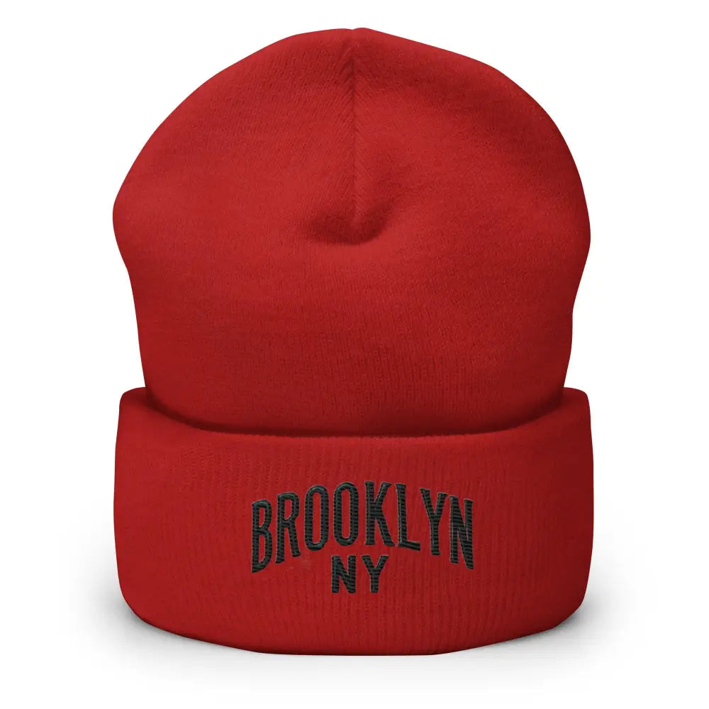 Red Trini Skies embroidered beanie in urban street style with Brooklyn NY on cuff