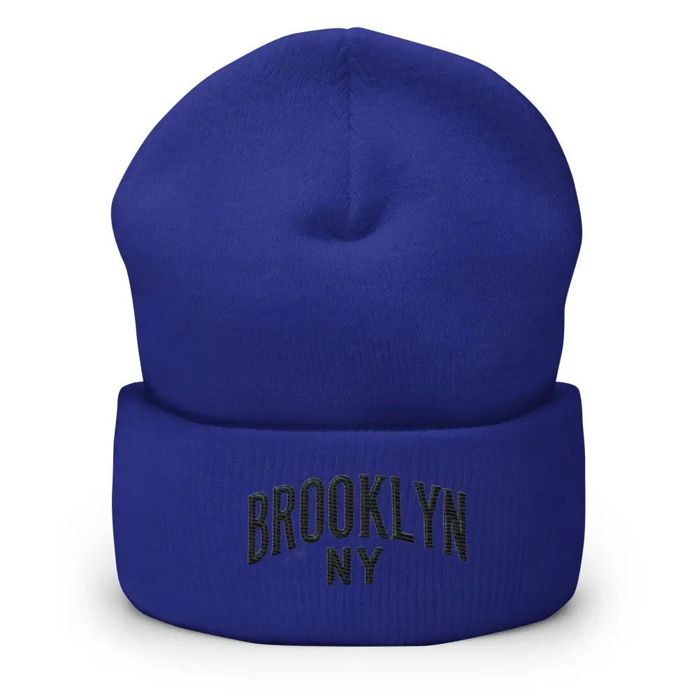 Trini Skies royal blue embroidered beanie in urban street style with Brooklyn NY