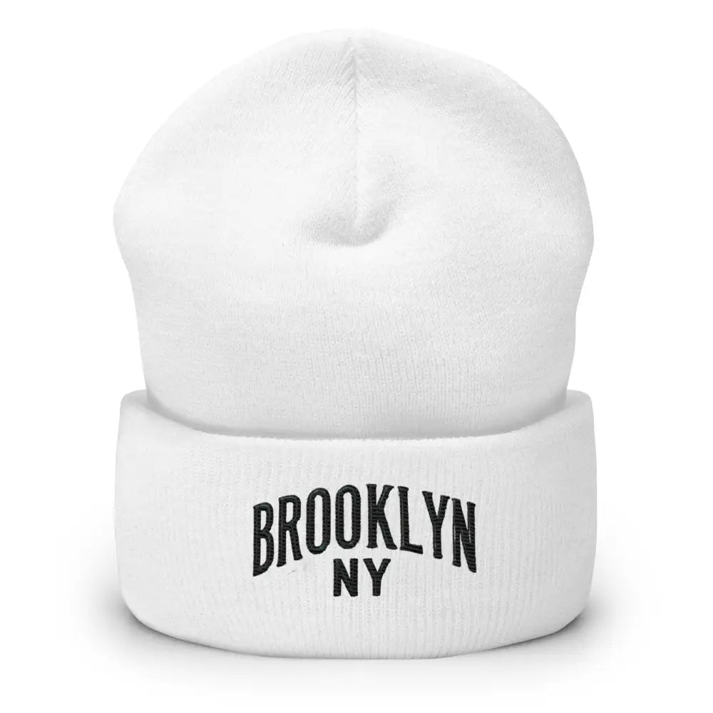 White Trini Skies knitted beanie embroidered with Brooklyn NY in urban street style