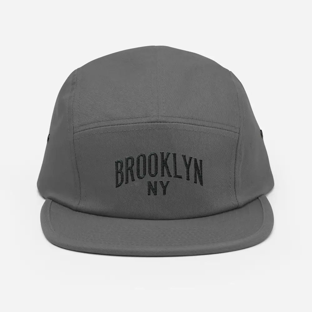 Charcoal gray five-panel Brooklyn NY embroidered urban streetwear essential cap