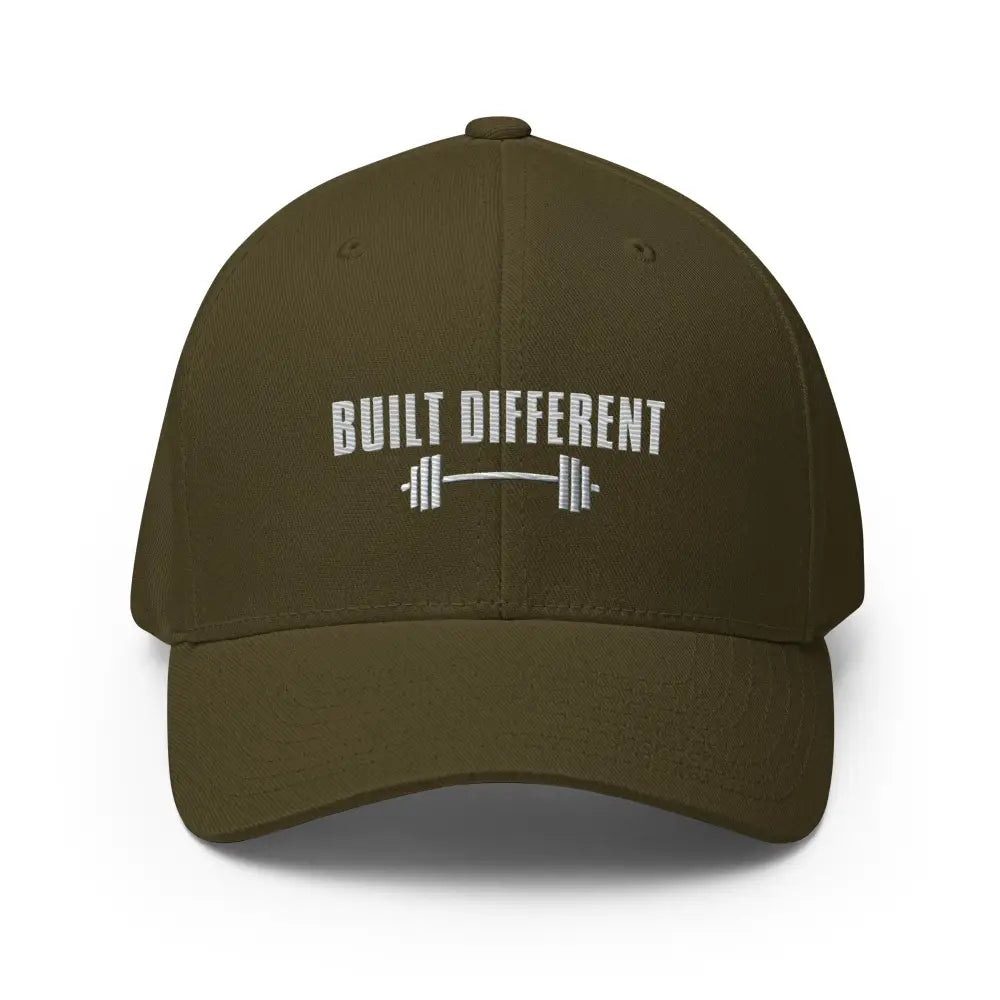 Olive green Trini Skies embroidered performance cap with barbell design