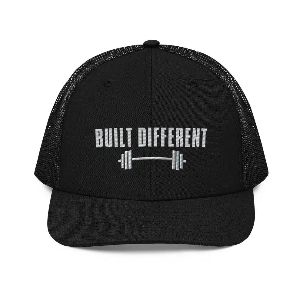 Black mesh-back Trini Skies trucker cap with Built Different embroidery