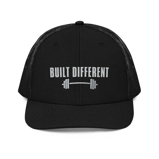 Built Different Gym Hat – Richardson 112 Trucker Cap | Athletic Embroidered Snapback - Black - Hats black mesh-back
