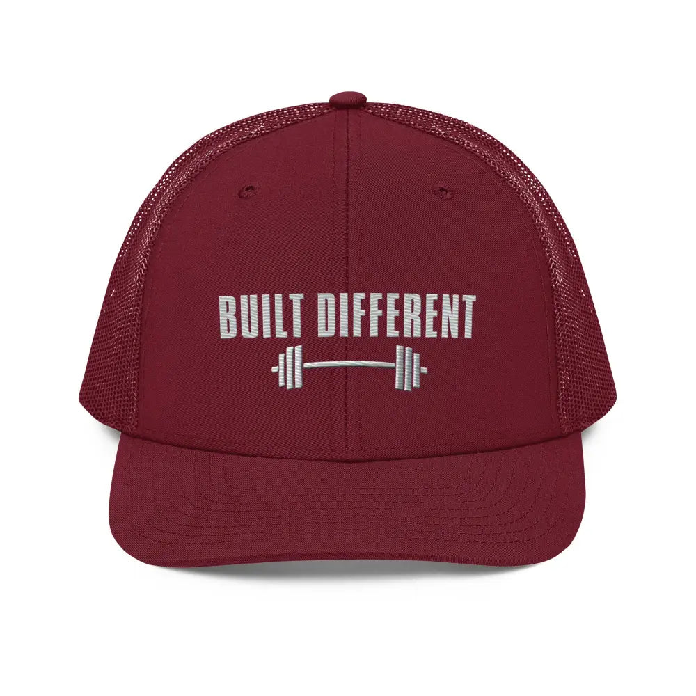 Maroon mesh-back Trini Skies embroidered trucker cap with barbell graphic