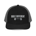 Black and grey Trini Skies embroidered trucker cap with Built Different barbell