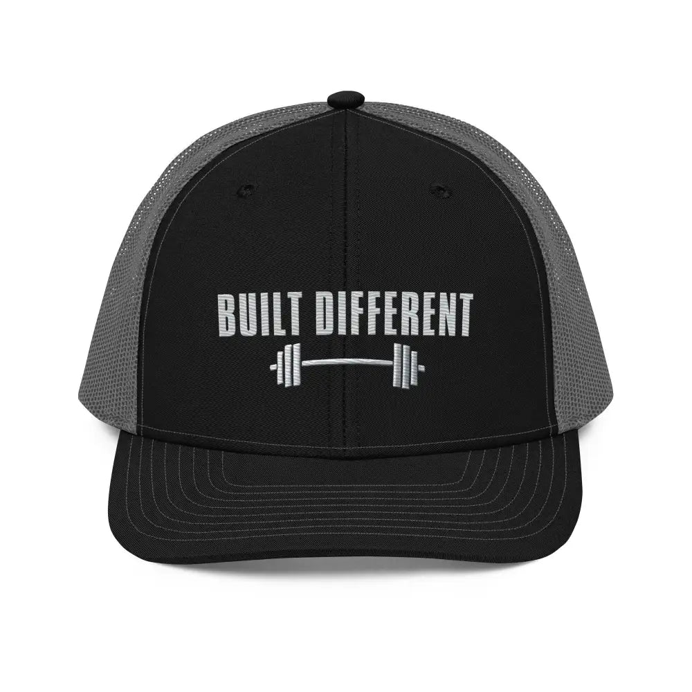 Black and grey Trini Skies embroidered trucker cap with Built Different barbell