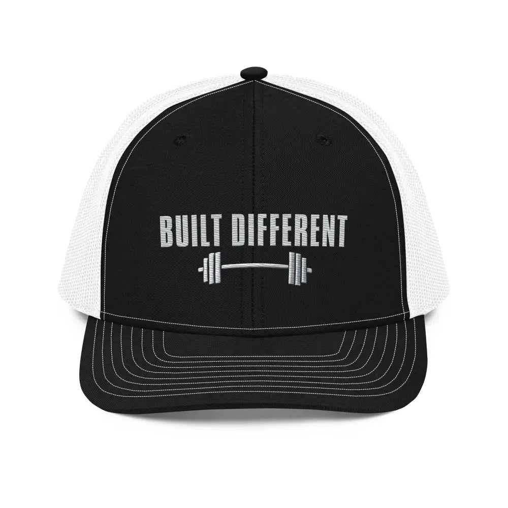 Black and white mesh Trini Skies embroidered trucker cap with barbell