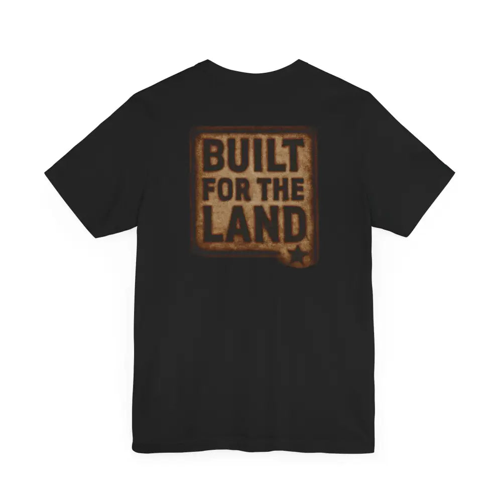 Black T-shirt with distressed rectangular graphic from Built for the Land by Trini Skies Supply