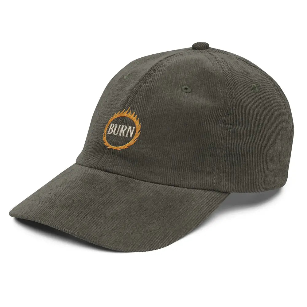 Olive green embroidered corduroy hat with BURN flame logo