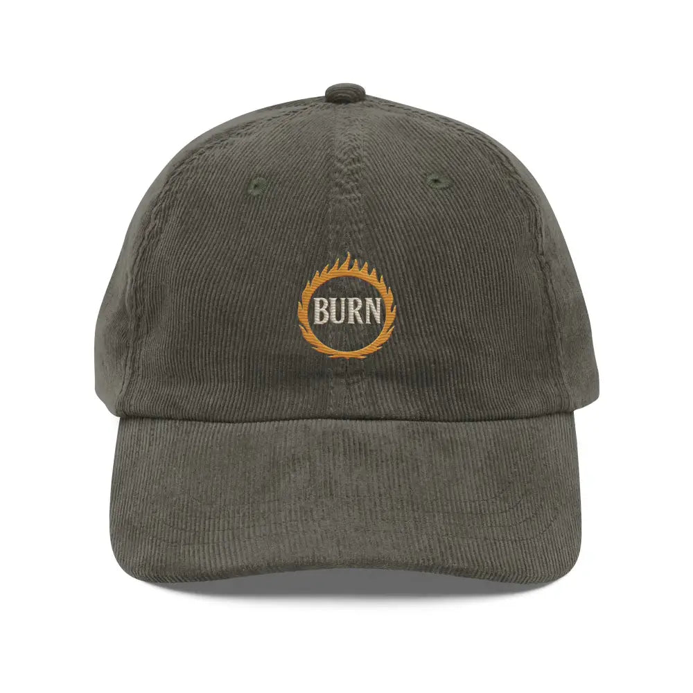 Dark green embroidered corduroy hat with flame design, vintage-washed Trini Skies