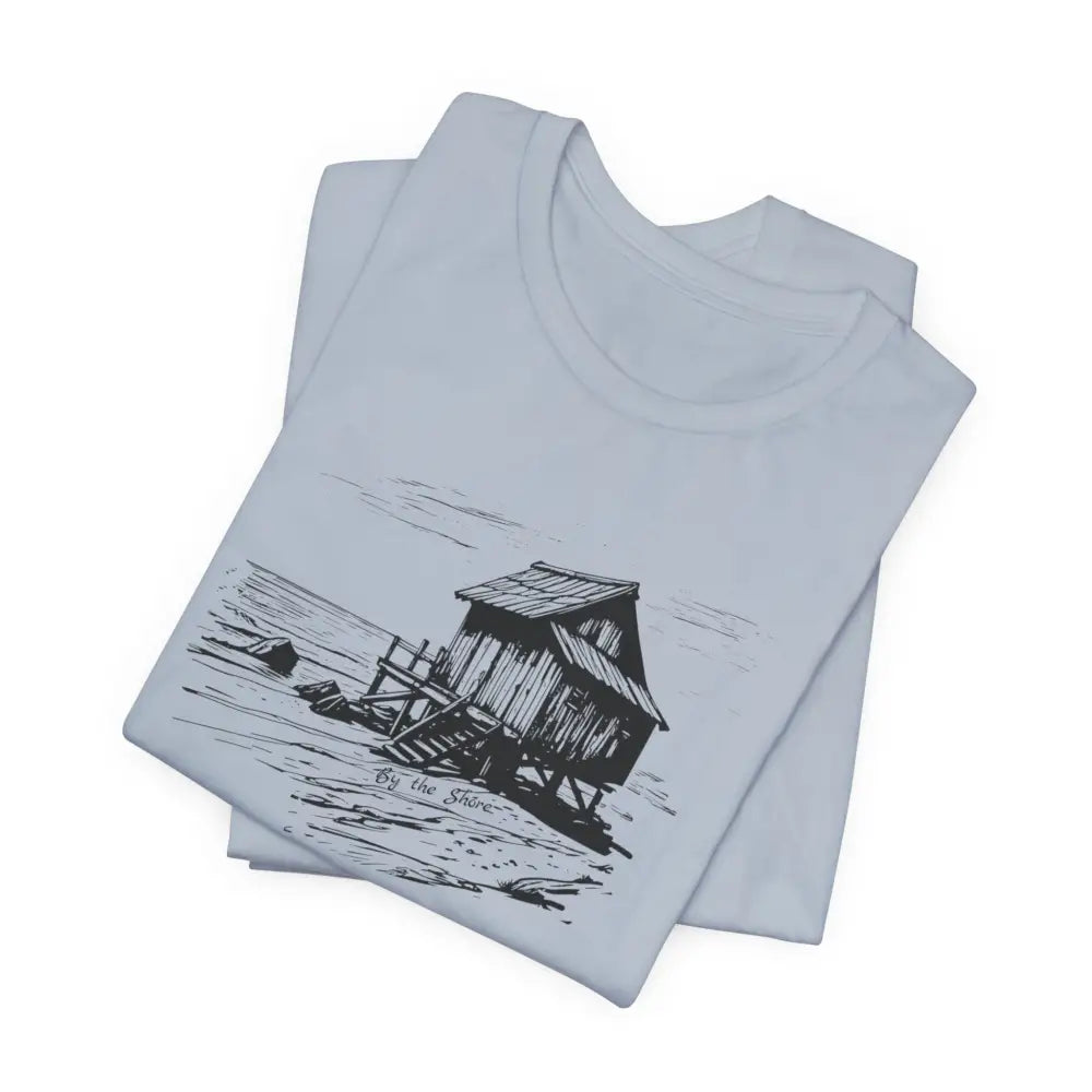 Trini Skies shore cabin tee with black beach shack drawing