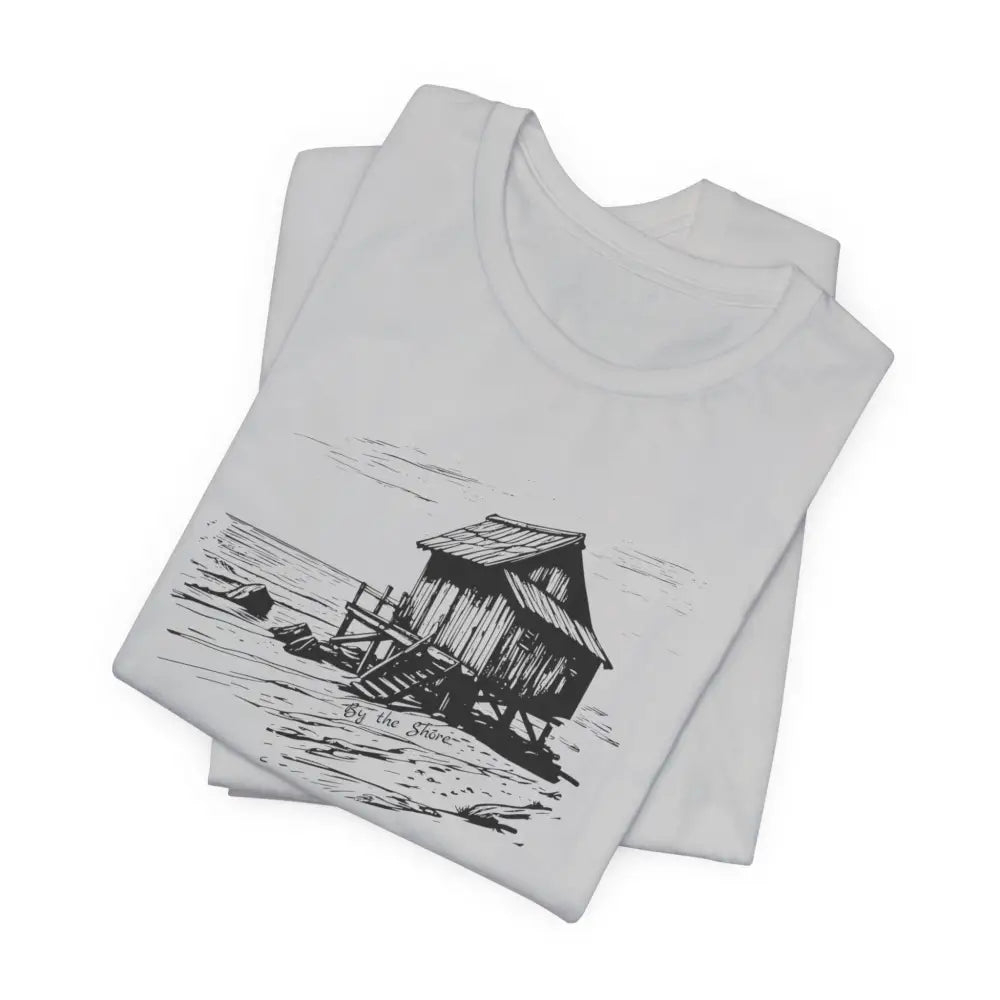 Trini Skies shore cabin tee with black and white shack sketch on white t-shirt