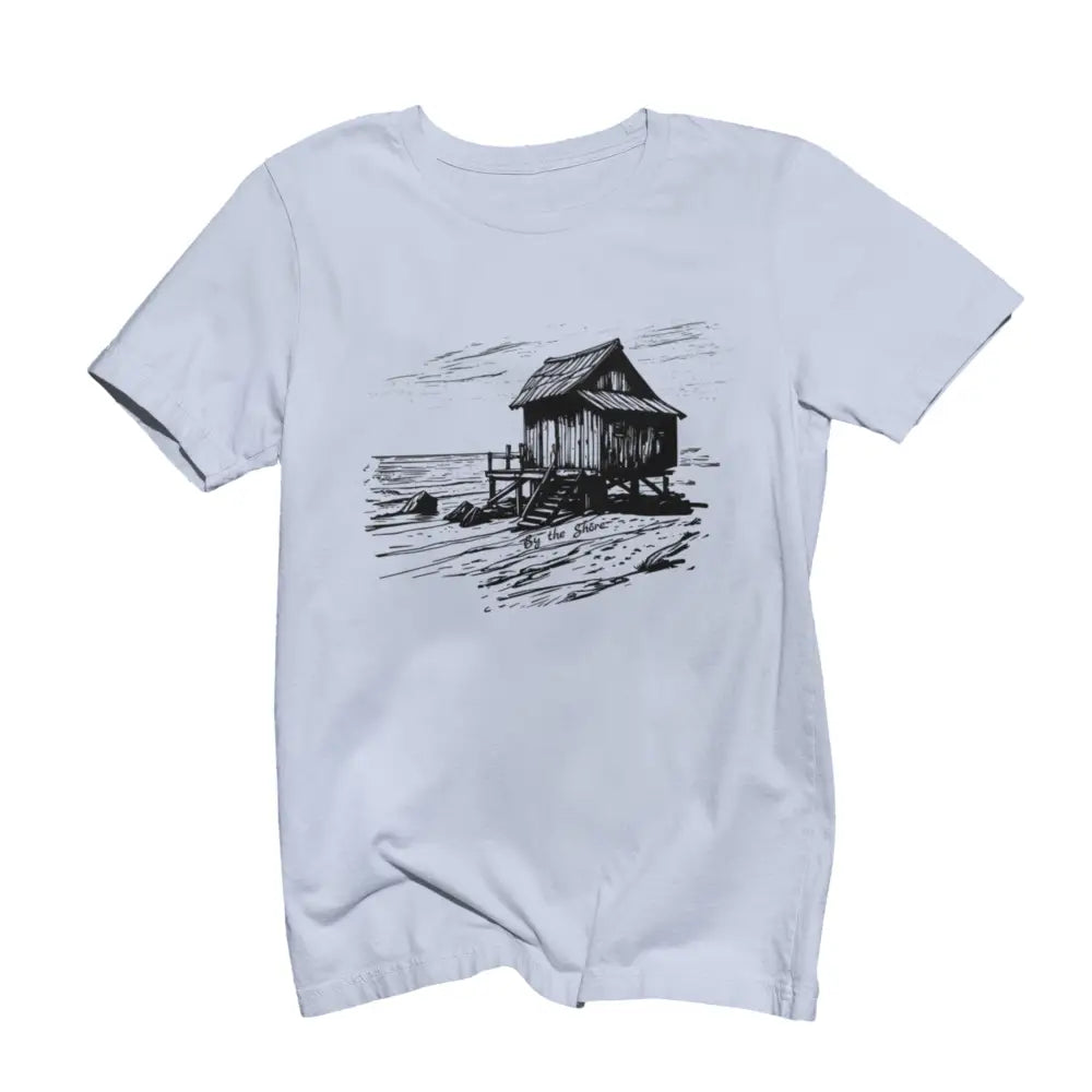 Trini Skies shore cabin tee with light blue t-shirt and black white shack sketch