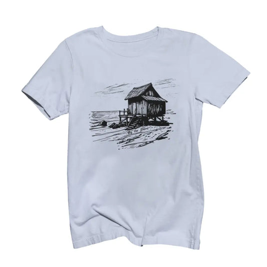 Trini Skies shore cabin tee with light blue t-shirt and black white shack sketch