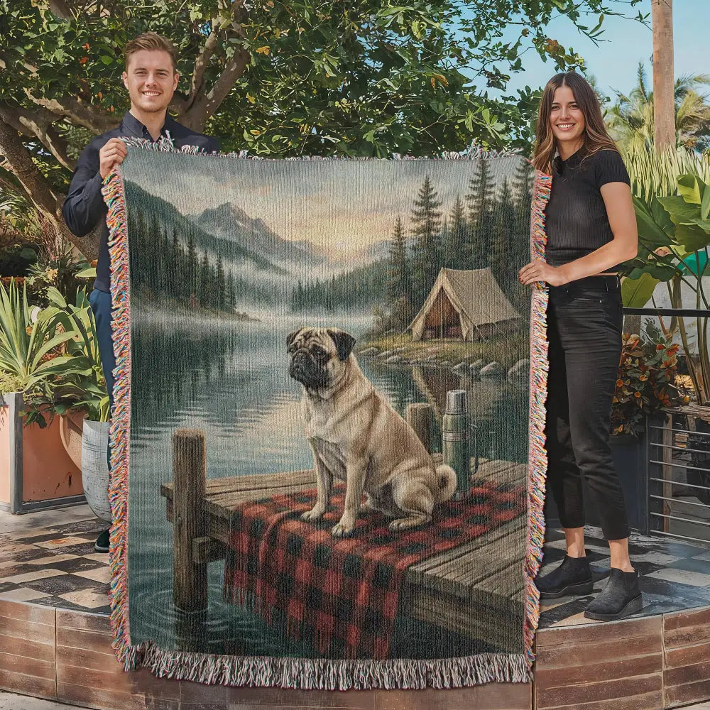 Cabin lake pug on woven cotton blanket tapestry throw