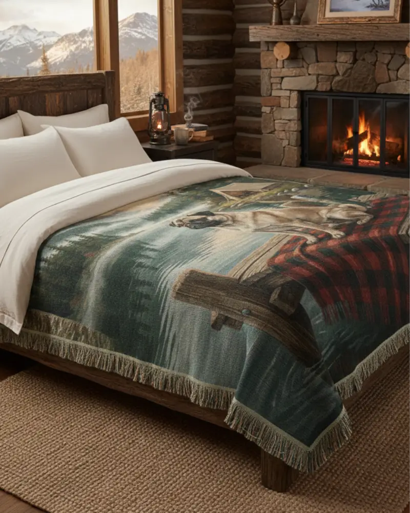 Cabin Lake Pug woven cotton blanket with dogs on log in Trini Skies scene