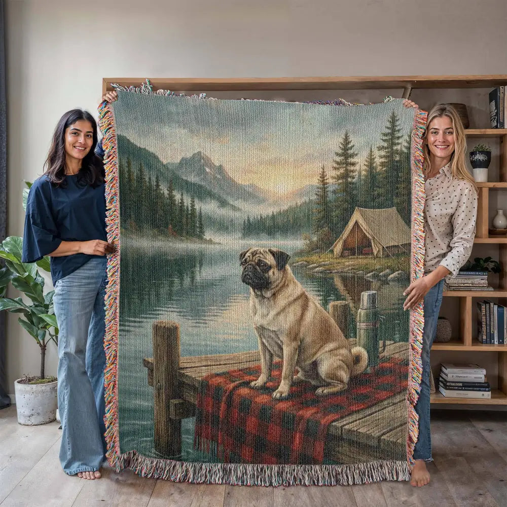 Cabin lake pug on plaid blanket in woven cotton blanket tapestry