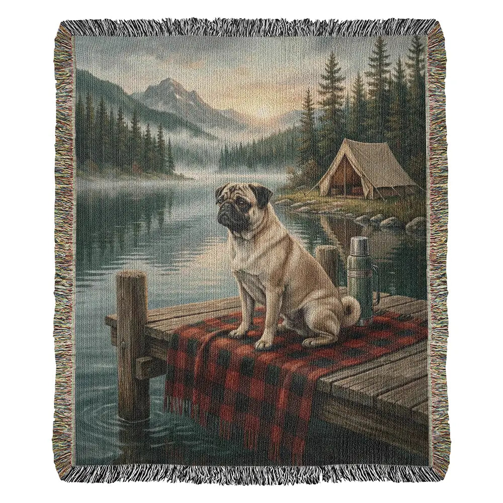Beige pug on cabin lake pug woven cotton blanket with trini skies view