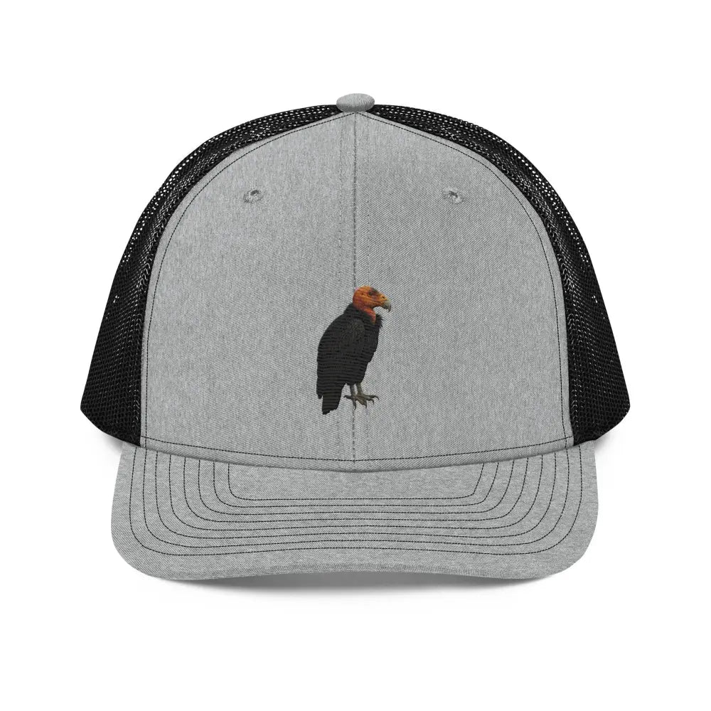 Gray and black trucker hat with California condor embroidered design
