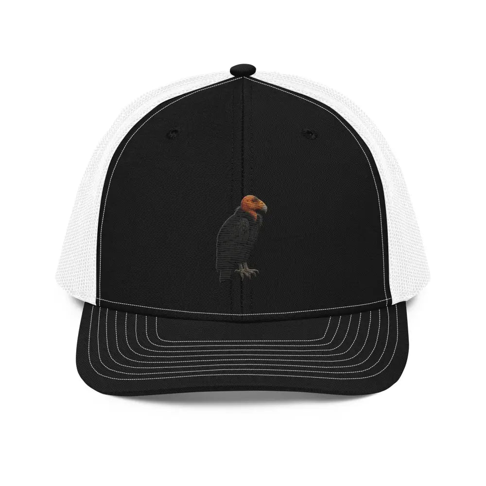 Black and white Richardson 112 trucker hat with California condor embroidered, North America’s rarest bird