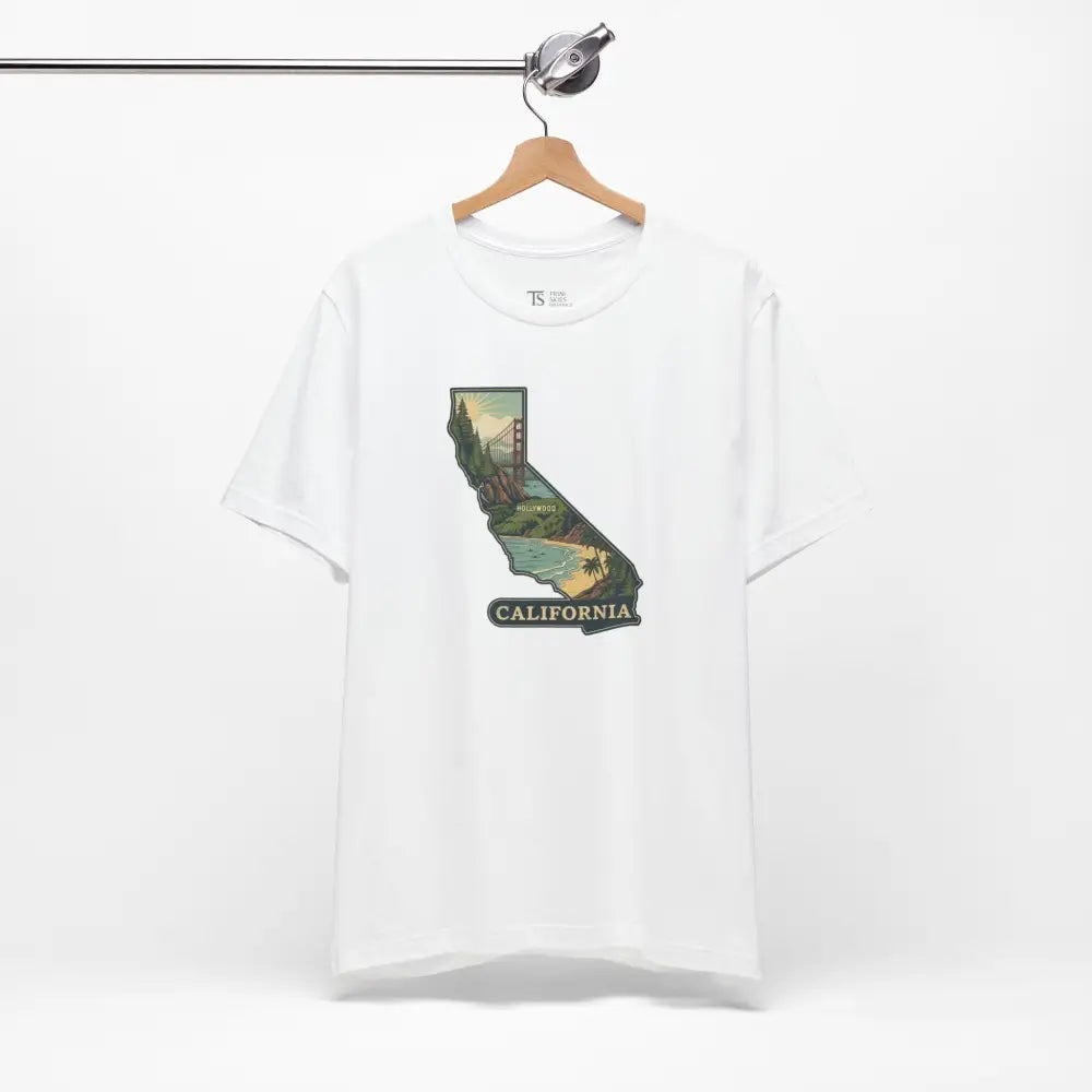 White short-sleeved T-shirt with California state outline and Golden Gate Bridge graphic